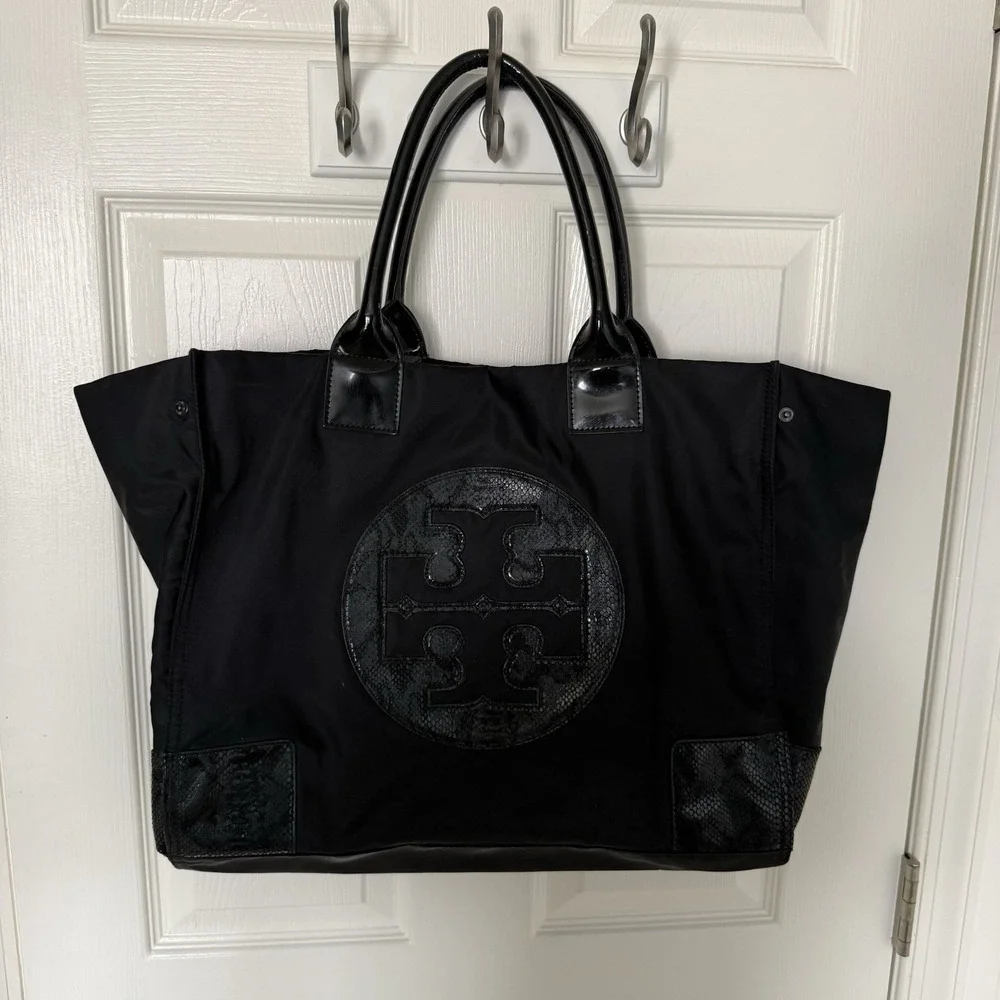 Tory Burch Large Ella Tote Black Nylon Snake Skin Logo Shoulder Overnight Bag